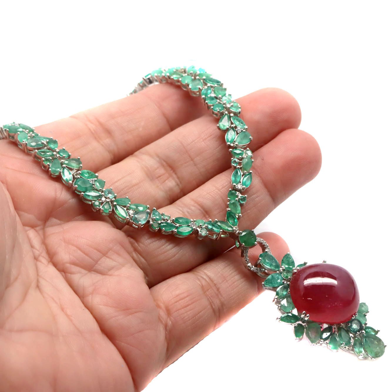 925 Silver 18 x 20 MM. Red Ruby Emerald Cubic Zirconia Pendant/Necklace 16.5 in