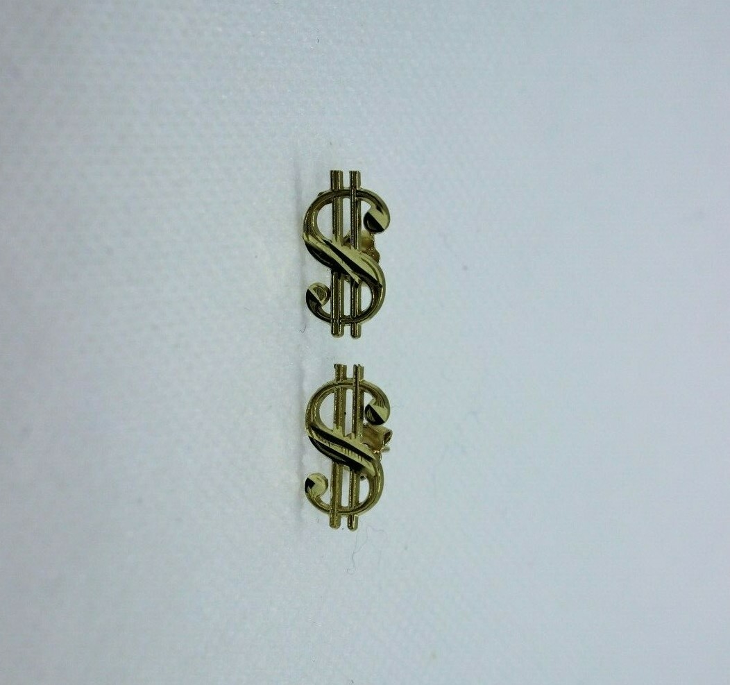 10K Solid Yellow Gold Dollar $ Sign Money Stud Earring Push Back 2 Size