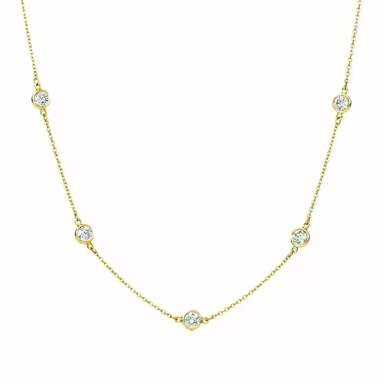 Certified Natural Diamond By The Yard Bezel Station Necklace 14k Yellow Gold