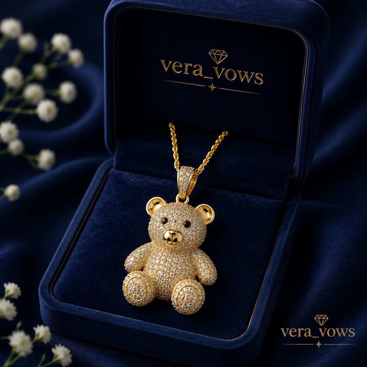 Round Cut Certified Moissanite Teddy Charm Pendant 14K Yellow Gold Plated