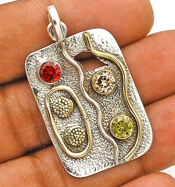 Natural Two Tone Fire Garnet 925 Sterling Silver Pendant 1 2/3″ Long