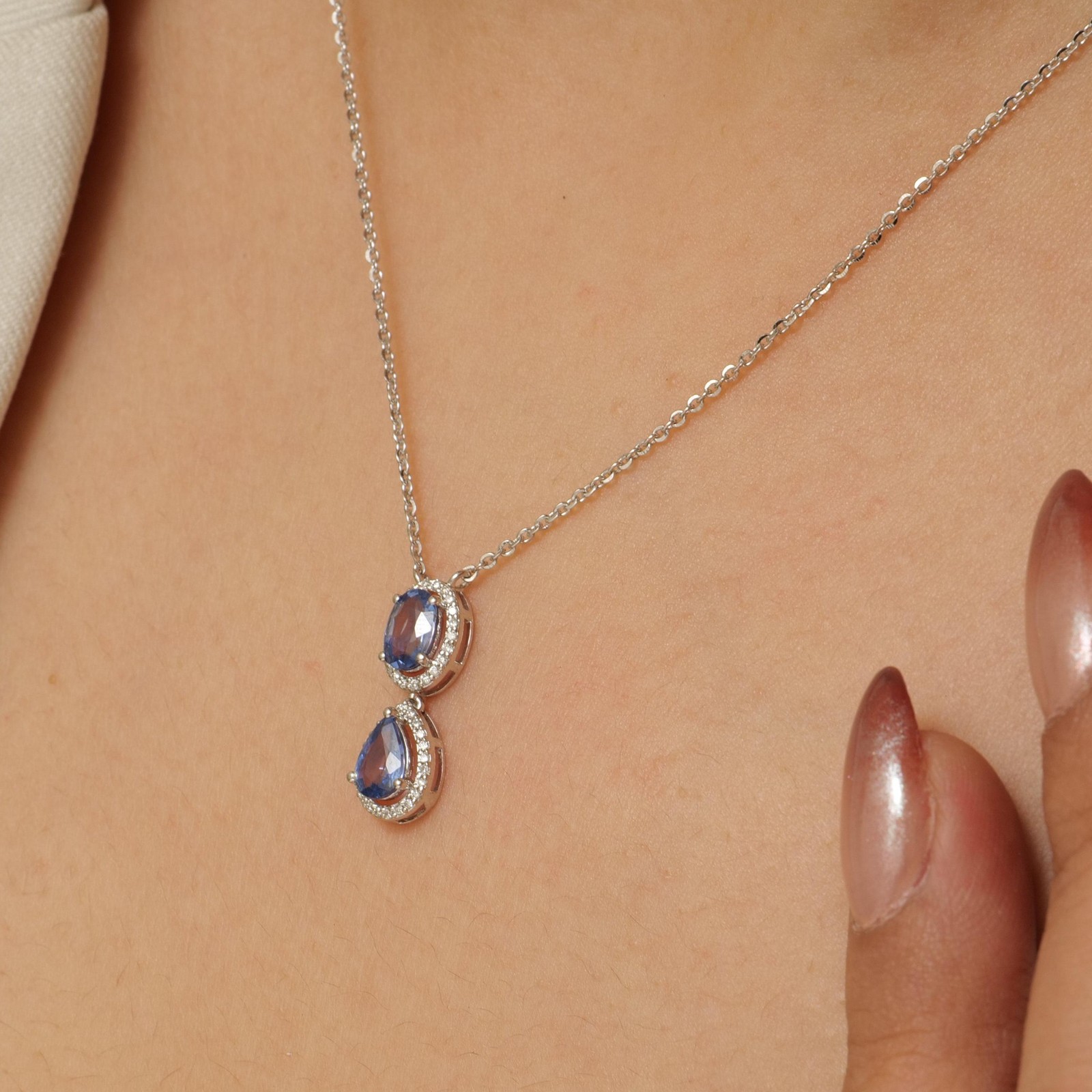 0.87ct Natural Sapphire Double Drop Pendant Necklace 14K Solid Gold Halo Pave
