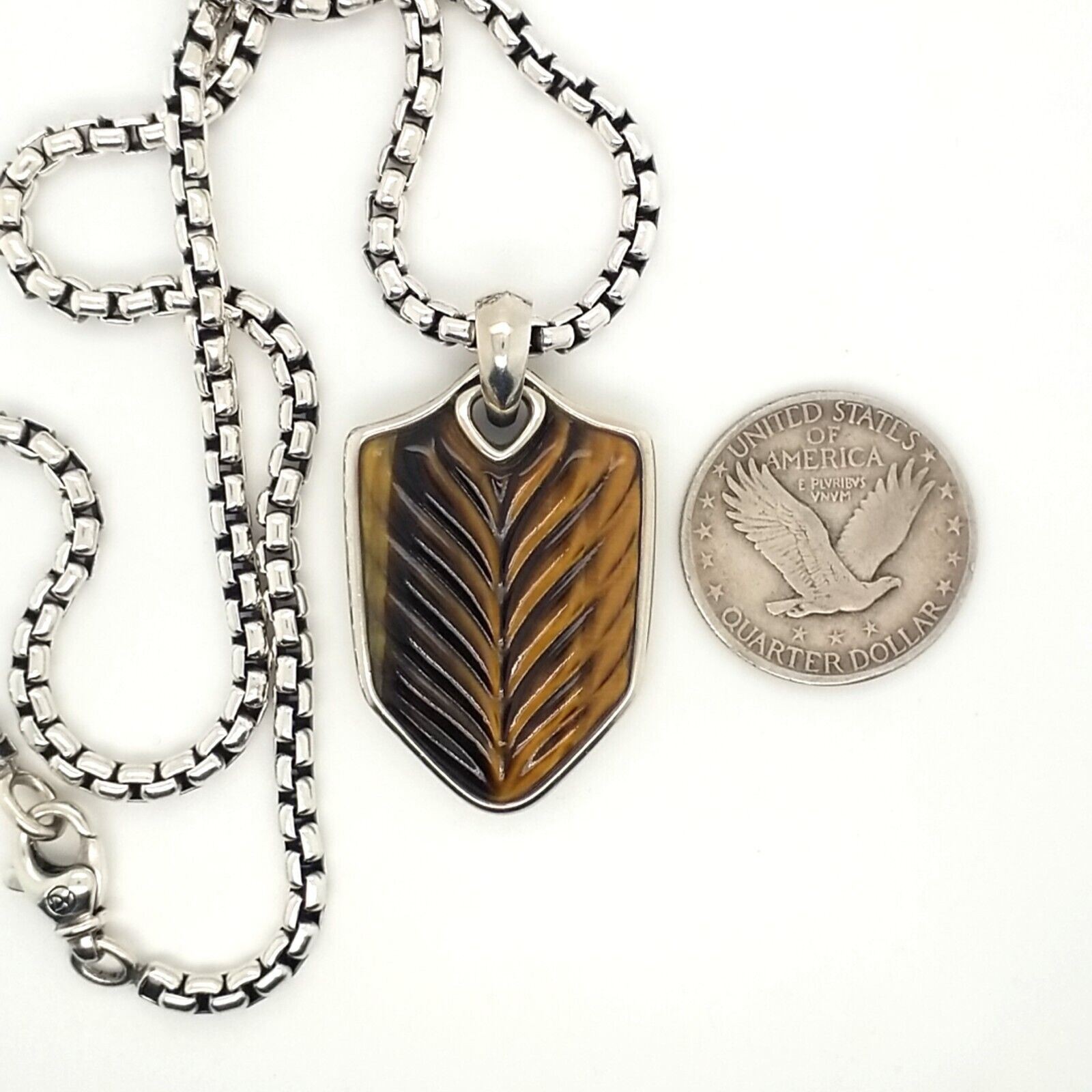 22″ David Yurman 925 Silver Neckace with Carved Tigers Eye Chevron Pendant