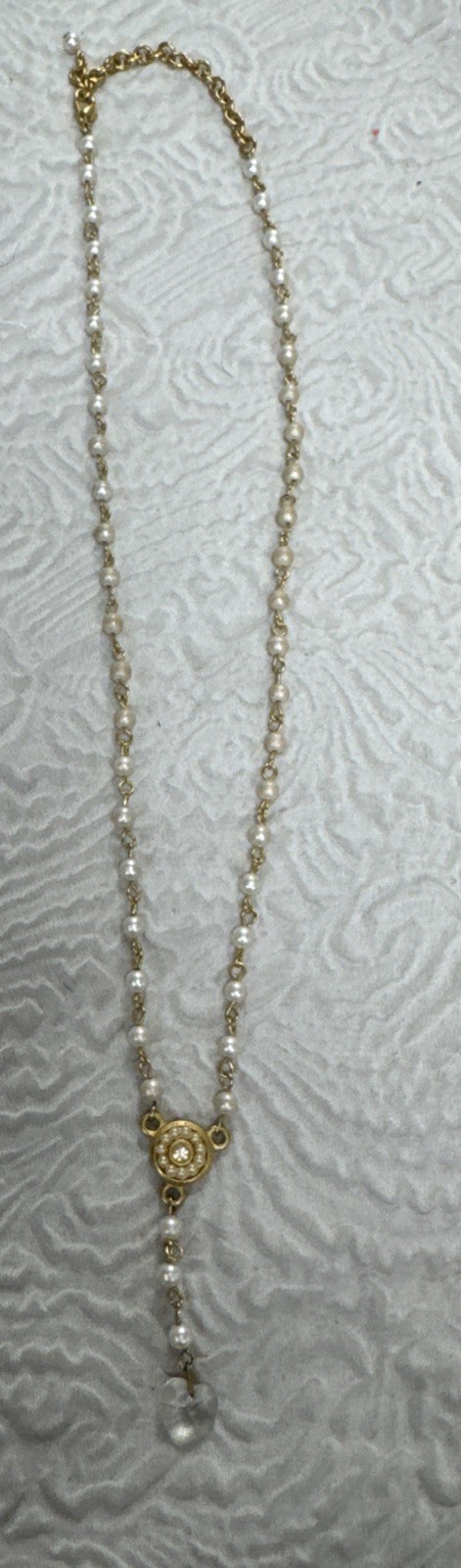 Vintage Gold Tone Dainty Faux Pearl Lariat Heart Pendant 21” Necklace
