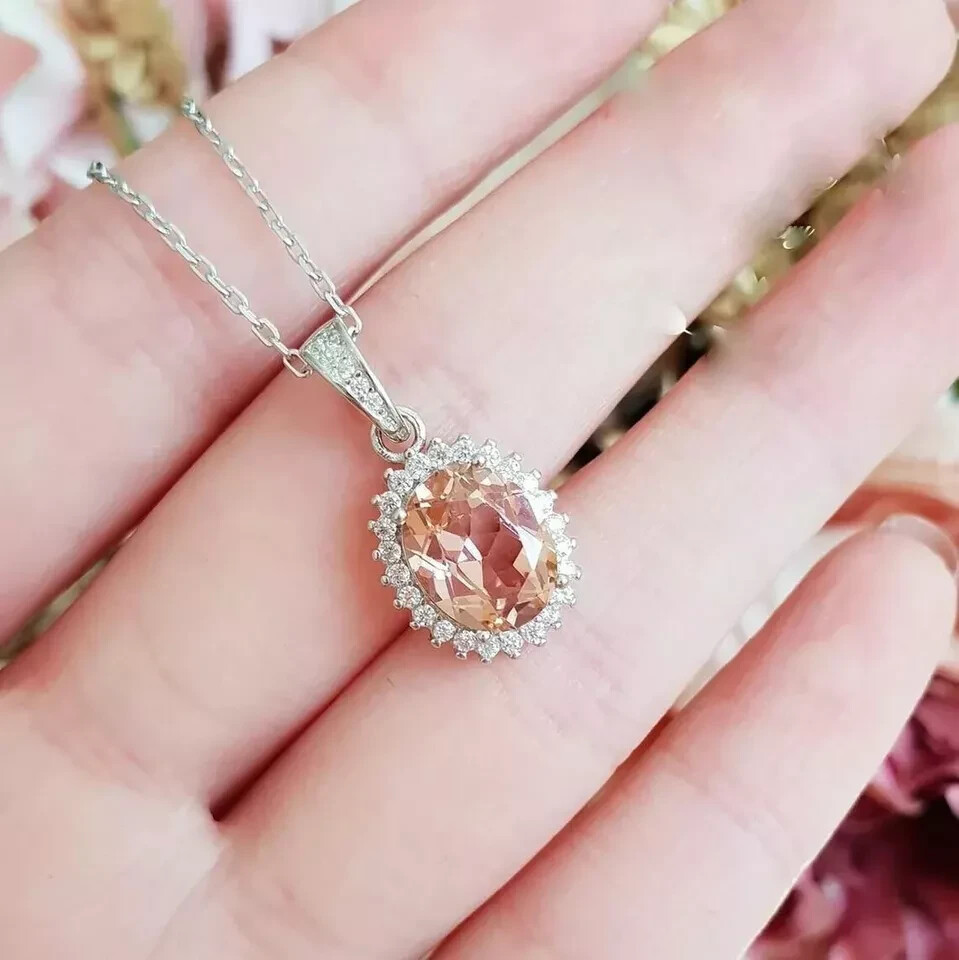 3 Carat Halo Peach Diamond Pendant With Free Chain 14K White Gold Finish
