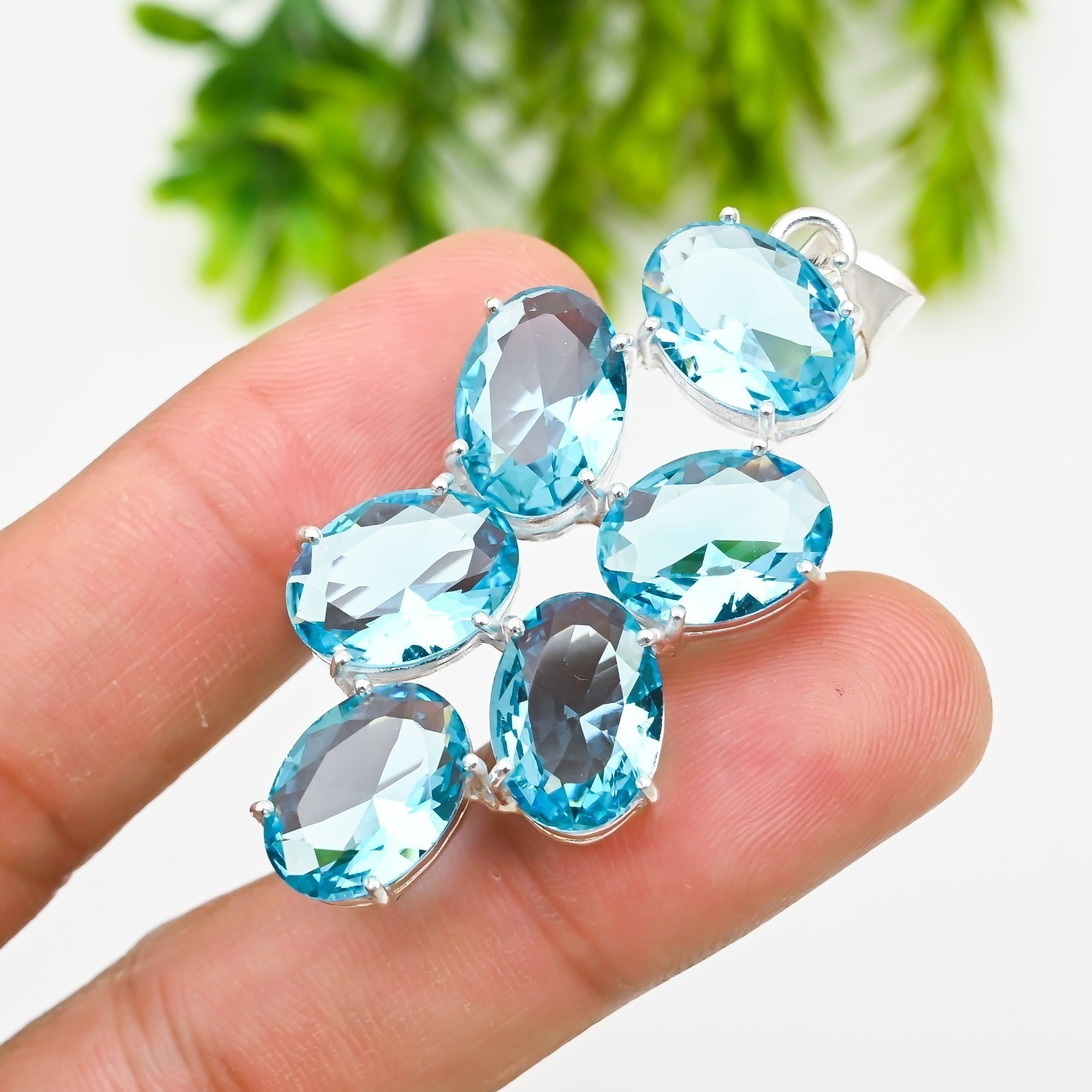 Blue Topaz Gemstone 925 Sterling Silver Pendant Handmade Jewelry Gift For Her