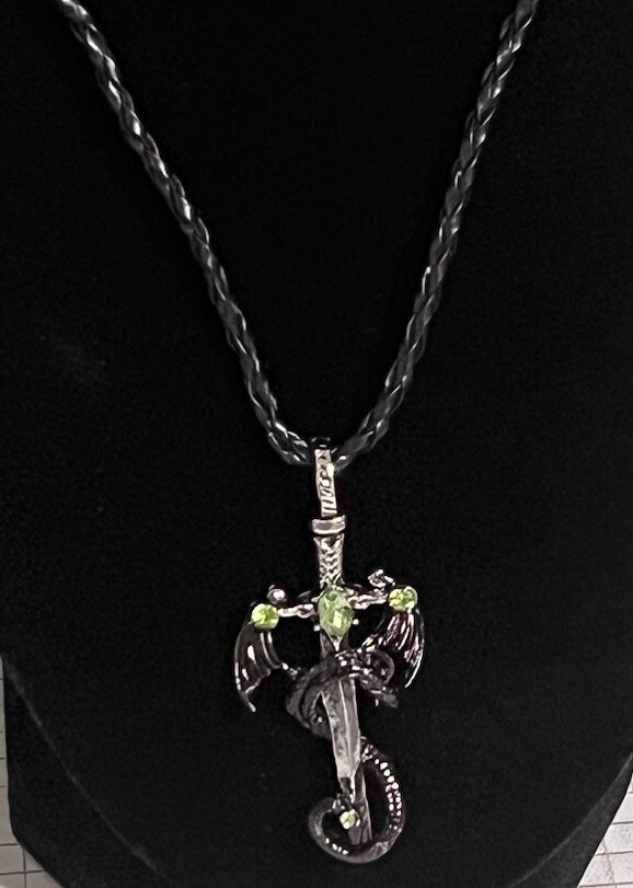 Metal Dragon Sword 2″ Pendant Prasiolite Green Stone 16-18″ Leather Necklace