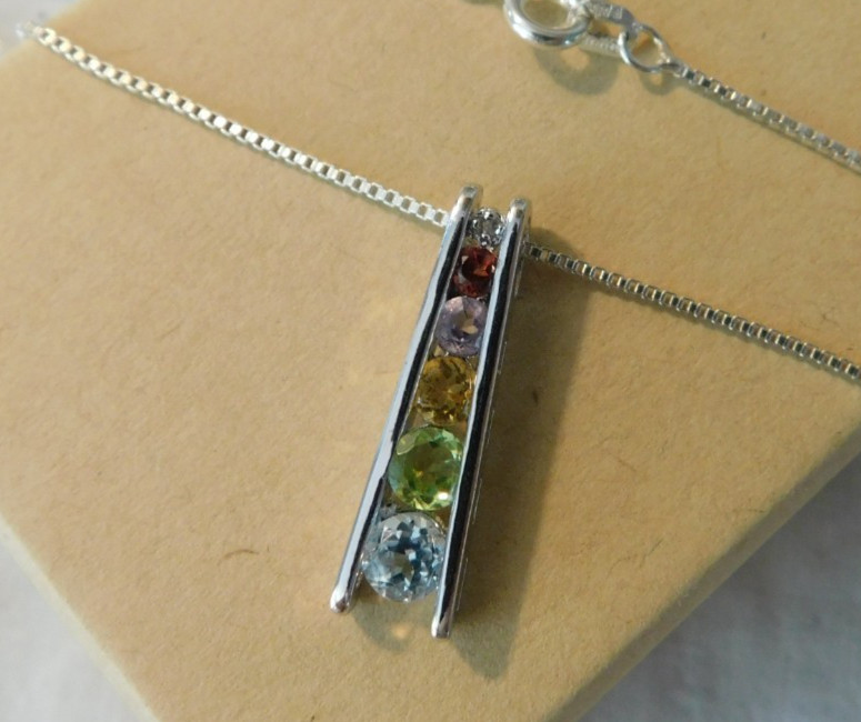 Multi Gemstone Sterling Silver Pendant Necklace FAS 925 Italy Box Chain 18″