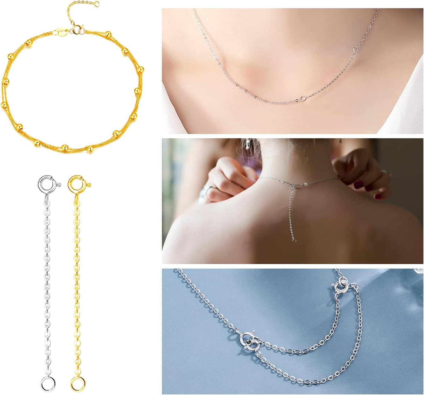 925 Sterling Silver Necklace Extender, 3 Pcs 14K Gold Plated Durable Chain Exten