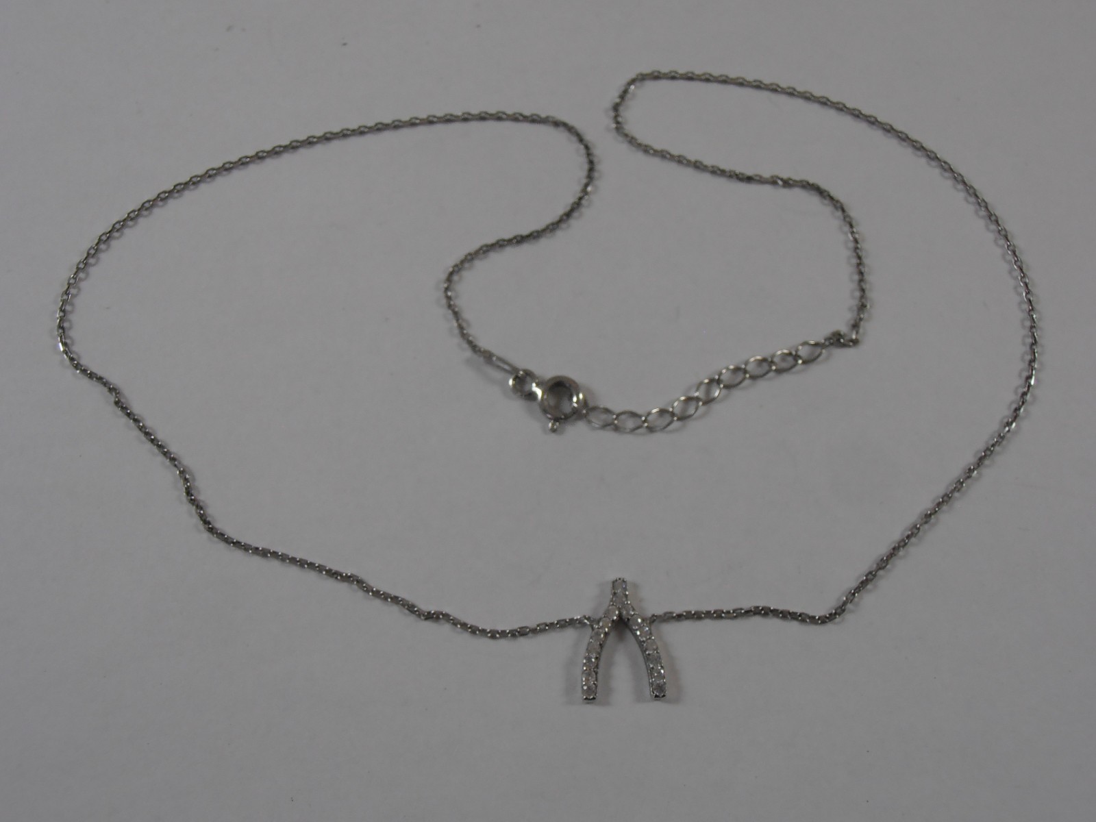 Sterling Silver Fine Choker Wishbone Pendant Necklace Clear Rhinestones 16”