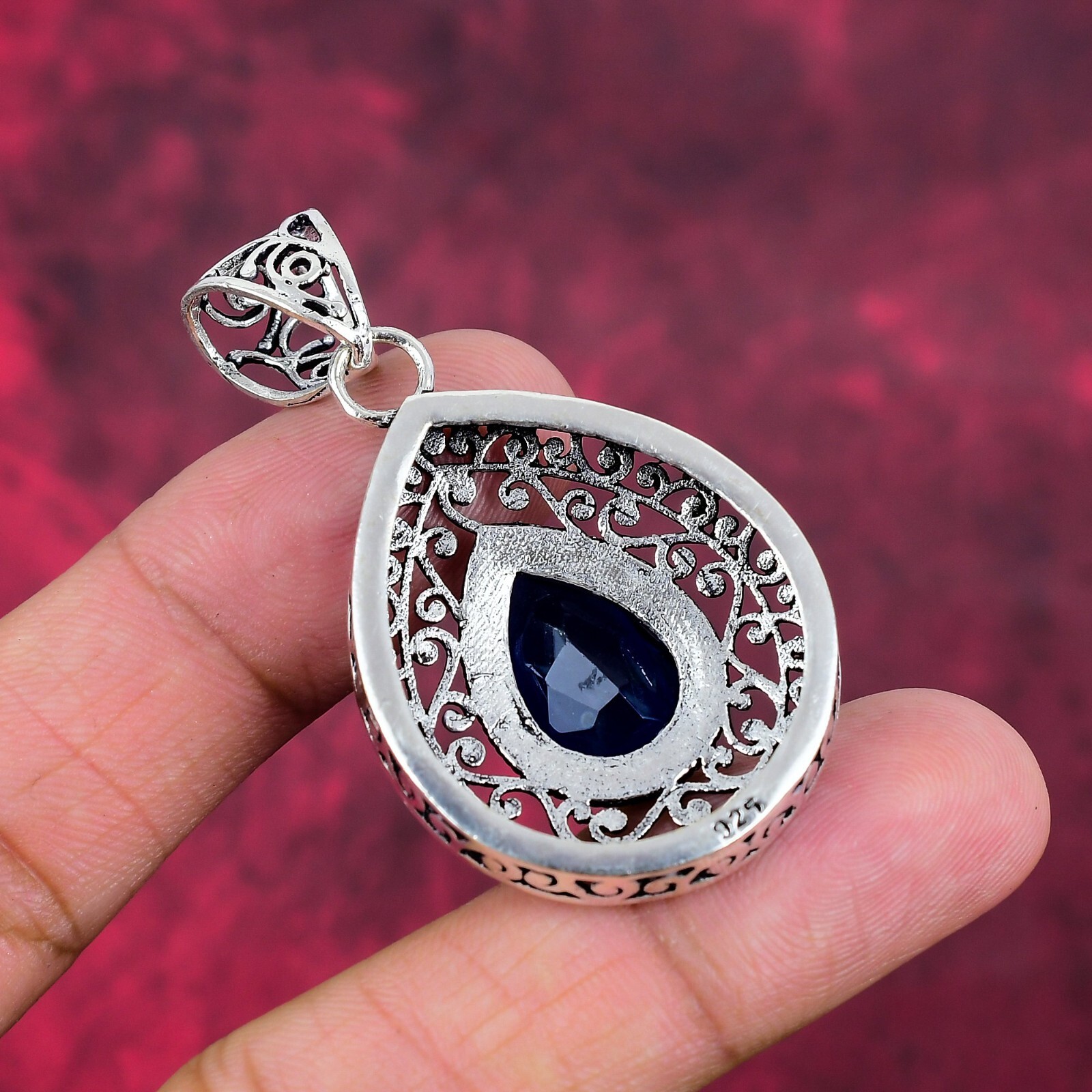 Lab-Created Blue Sapphire Gemstone Handmade 925 Sterling Silver Pendant Jewelry