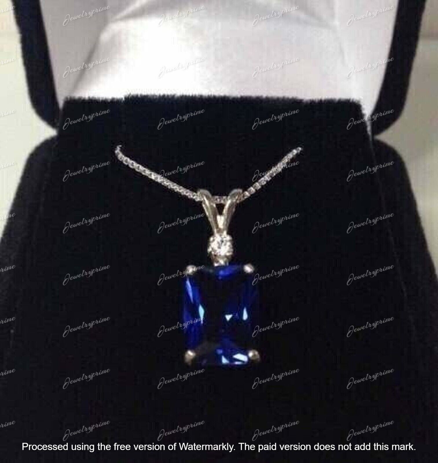 14K White Gold Plated 2Ct Emerald Cut Lab Created Blue Sapphire Women’s Pendant