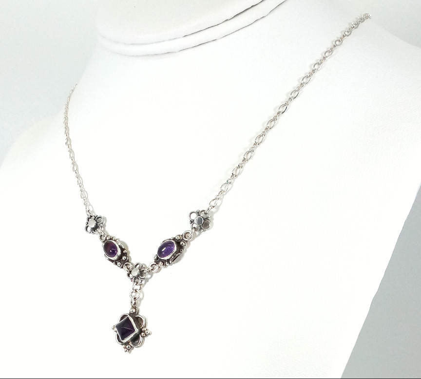 Vintage 925 Sterling Silver Amethyst Deep Royal Purple Floral Necklace