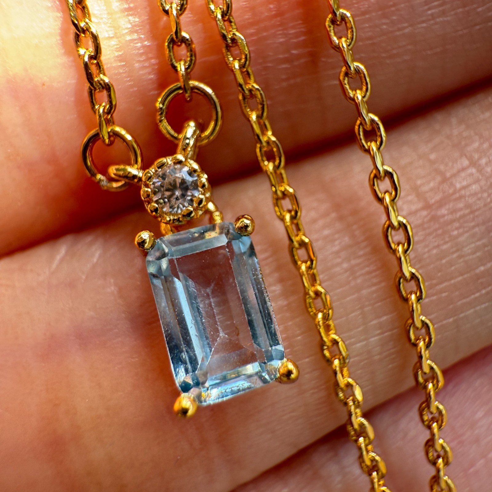 925 Sterling Silver Necklace 6x4mm Natural Blue Aquamarine 14K Gold Plated Chain