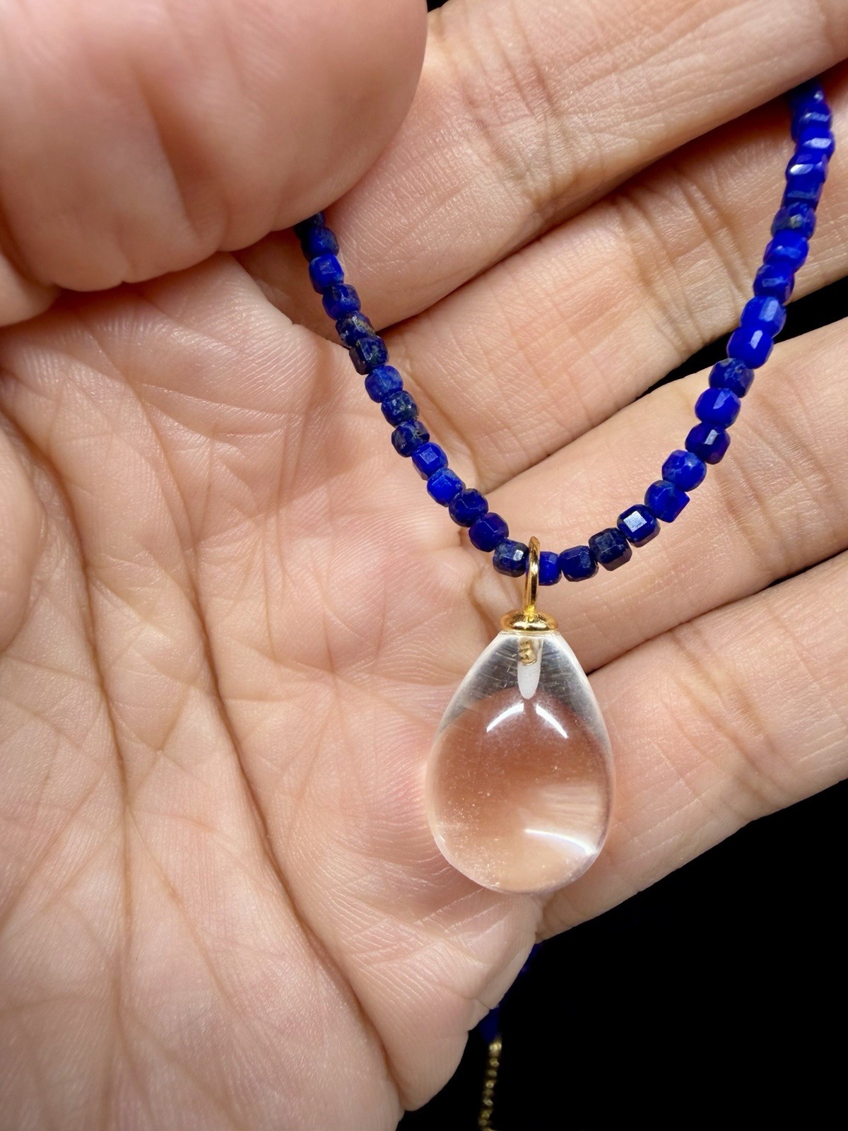 Premium Lapis Lazuli Beaded Necklace Teardrop Quartz Pendant 925 Sterling