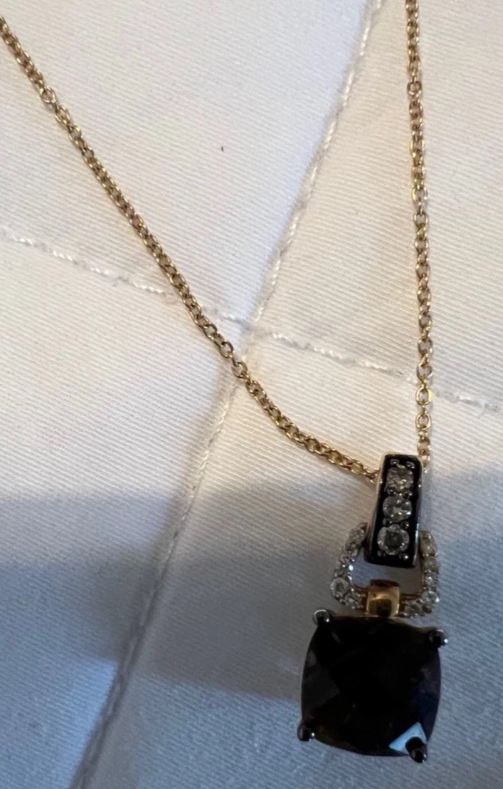 Le Vian 14kt Gold Diamond & Smoky Quartz Cushion Cut Pendant Necklace