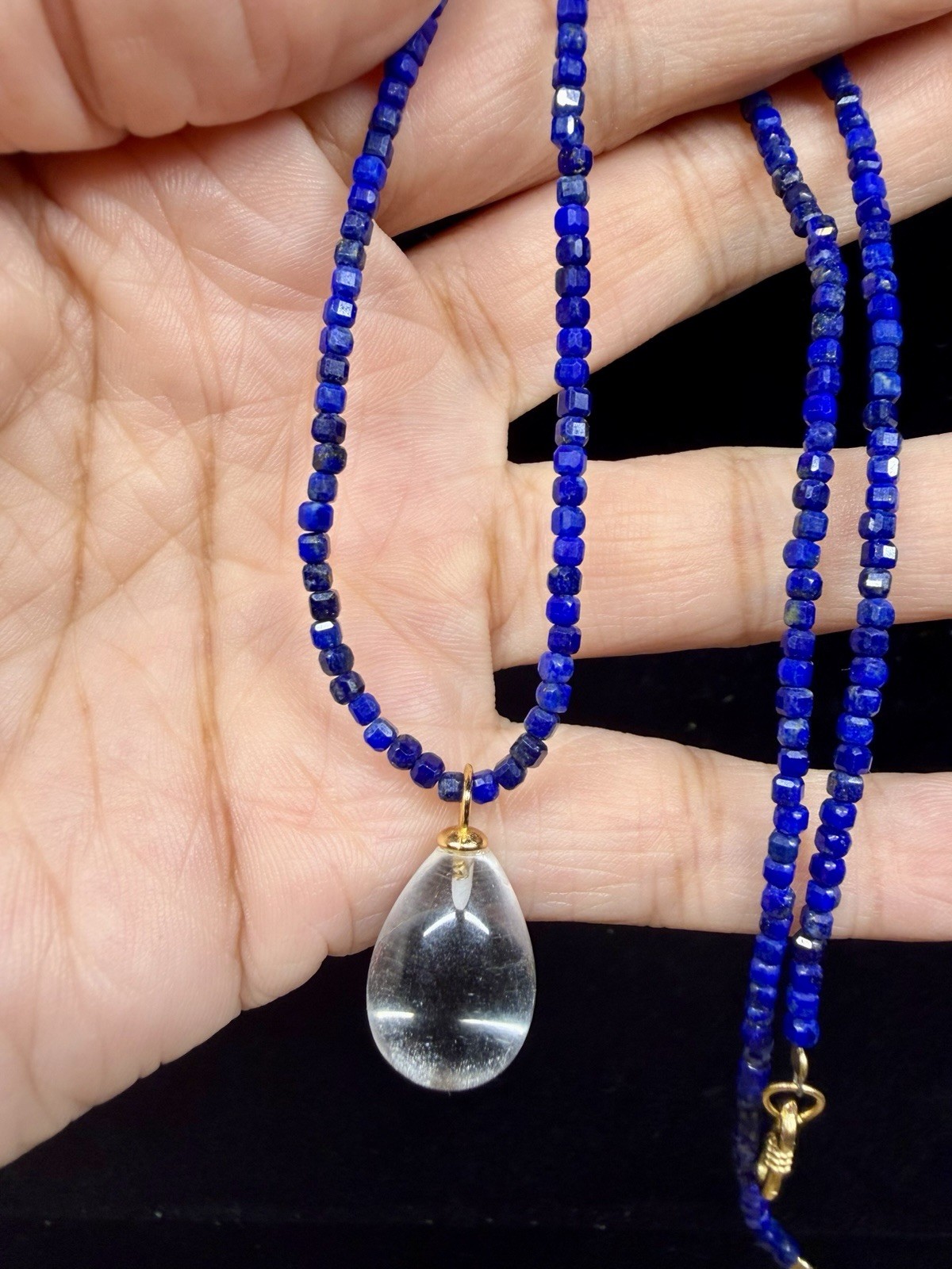 Premium Lapis Lazuli Beaded Necklace Teardrop Quartz Pendant 925 Sterling