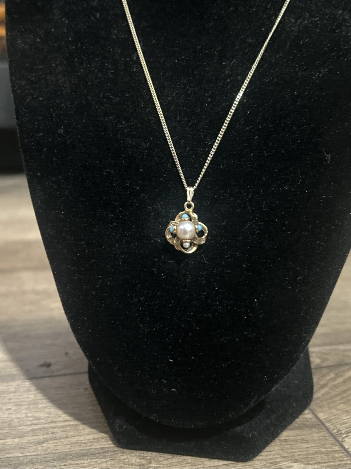 Antique 14k Gold Turquoise Seed Pearl Pendant 2.1g charm W/ GP SS 16”Chain