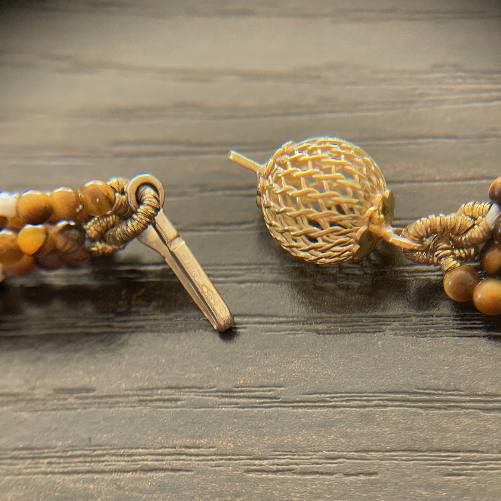 Tiger Eye Bead Necklace 19in 18K Gold Clasp 5 Strand