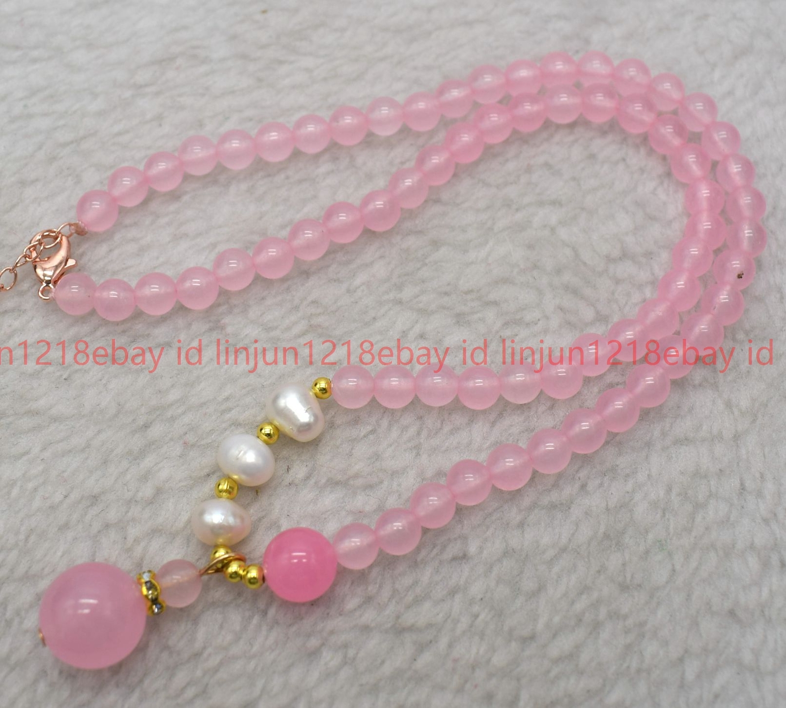 Natural 6mm Pink Jade Round Gemstone Beaded White Pearl Pendant Necklace16-32in