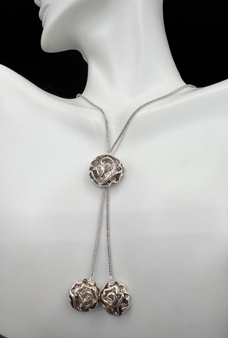Sterling Silver Lasso Type Necklace, Round Pendant With Dangles, 24”