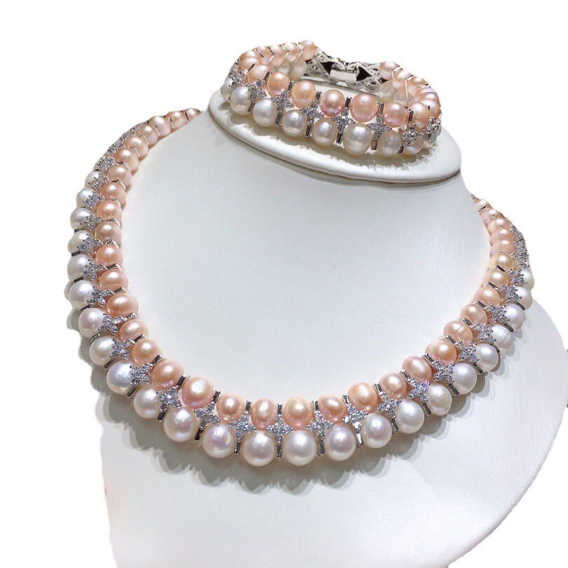 Double strands 7-9 mm natural white pink south sea pearl necklace bracelet