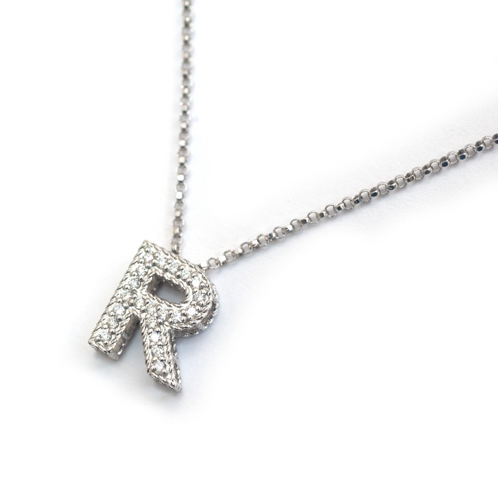 Roberto Coin Ladies 18K White Gold & Diamond Initial R Necklace 16-18″ New