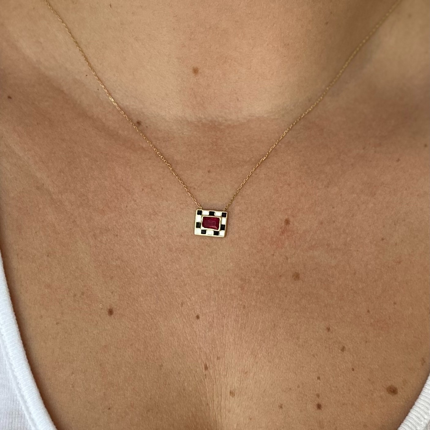 14k Gold Lab-Created Ruby Checkerboard Necklace Black White Enamel Pendant Women