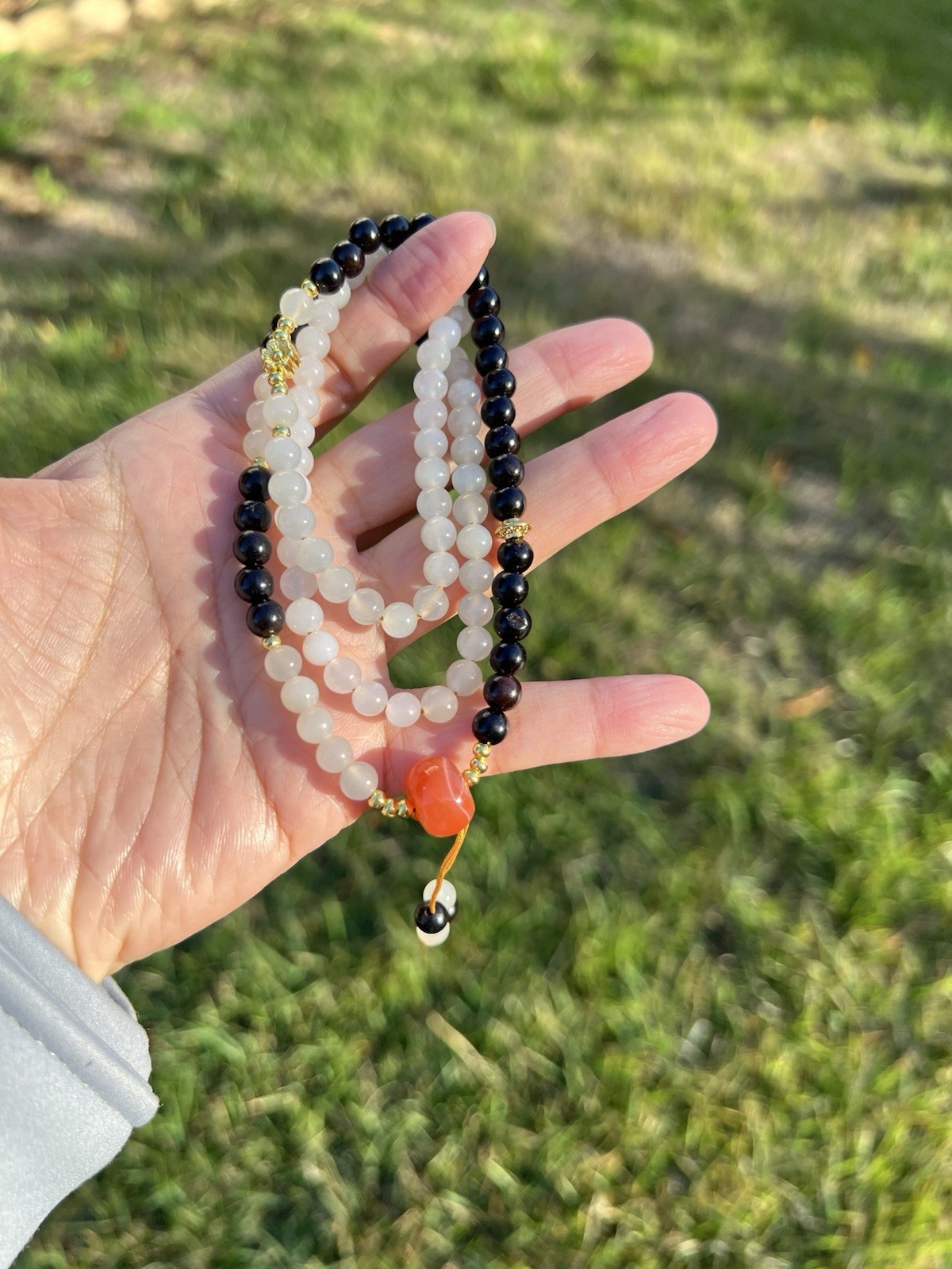 22″ Nephrite Jade+Wood+Agate 6mm Bead Necklace B608