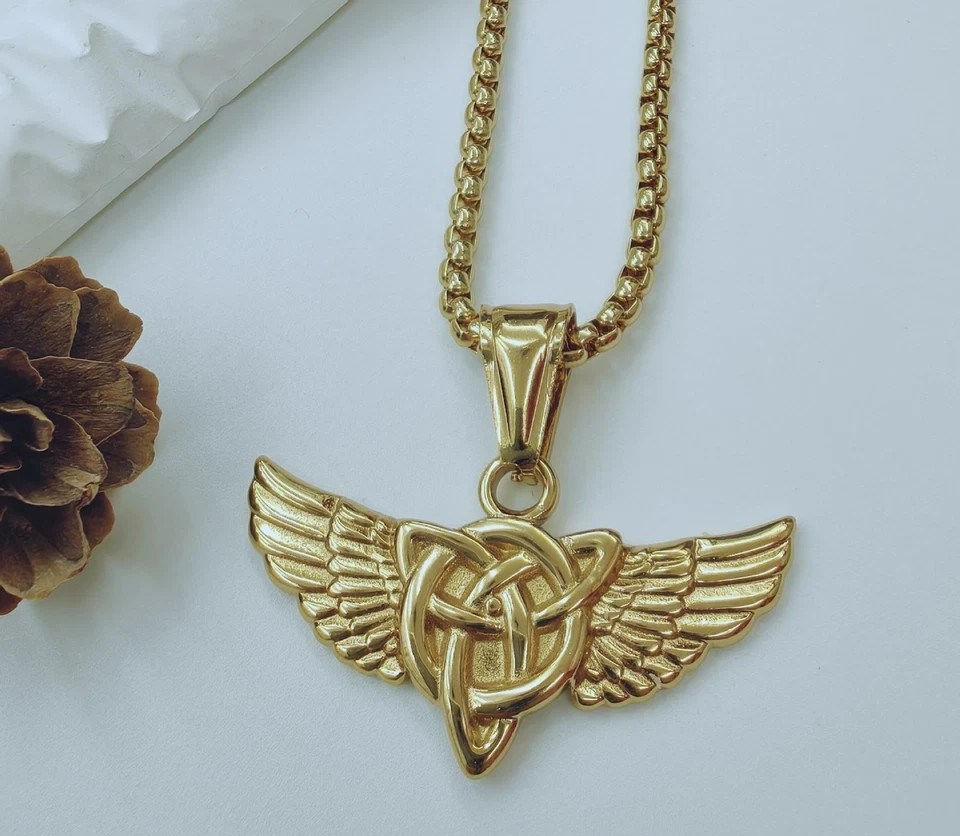 925 Silver Celtic Knot Wings Pendant Necklace For Men 14 K Yellow Gold Plated