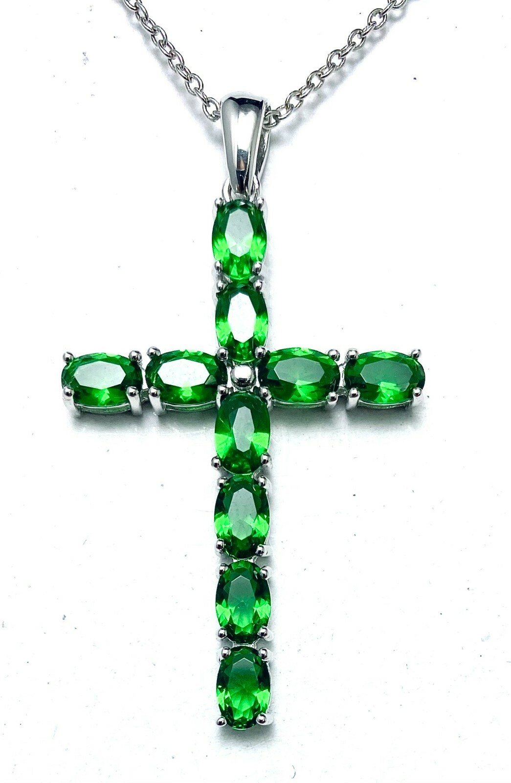 P4236S Mt St Helens Green Helenite May Birthstone Cross Sterling Silver Pendant
