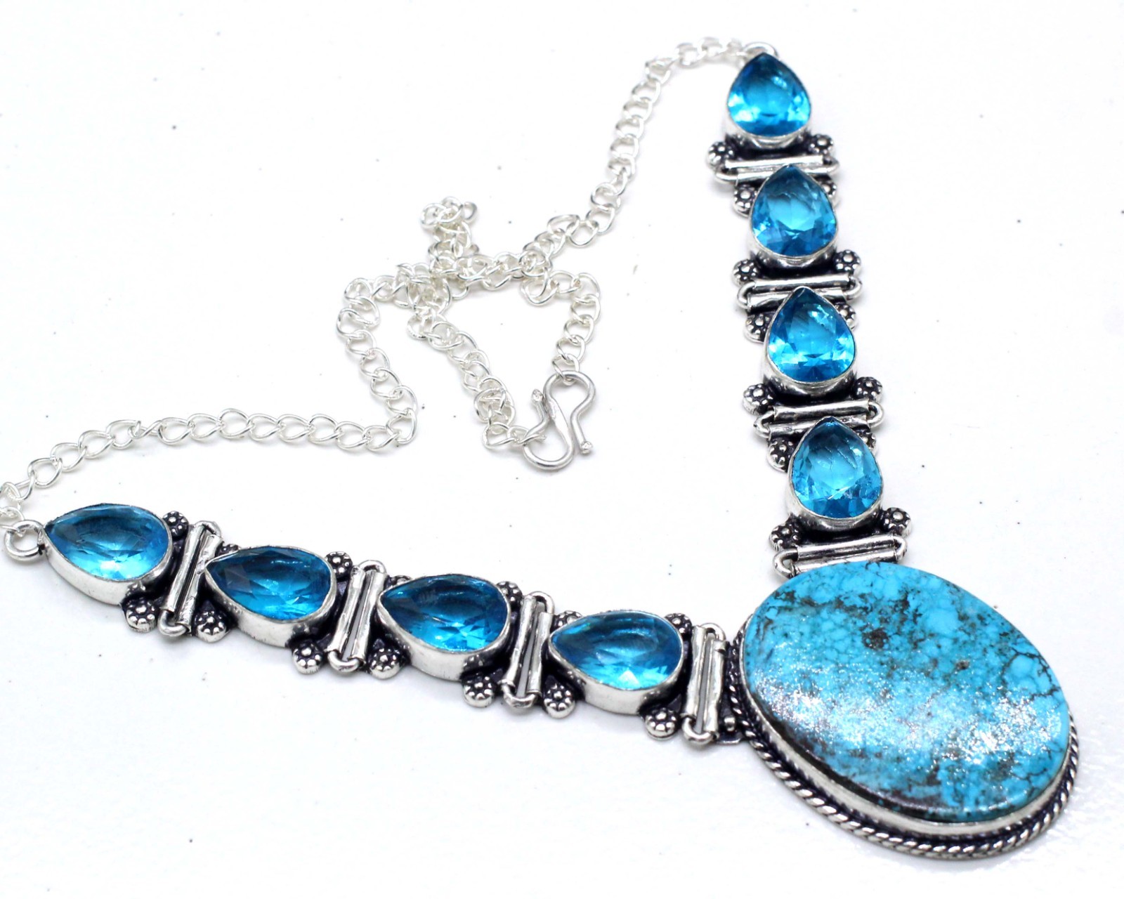 925 Sterling Silver Turquoise & Topaz Gemstone Handmade Jewelry Necklace S-18″