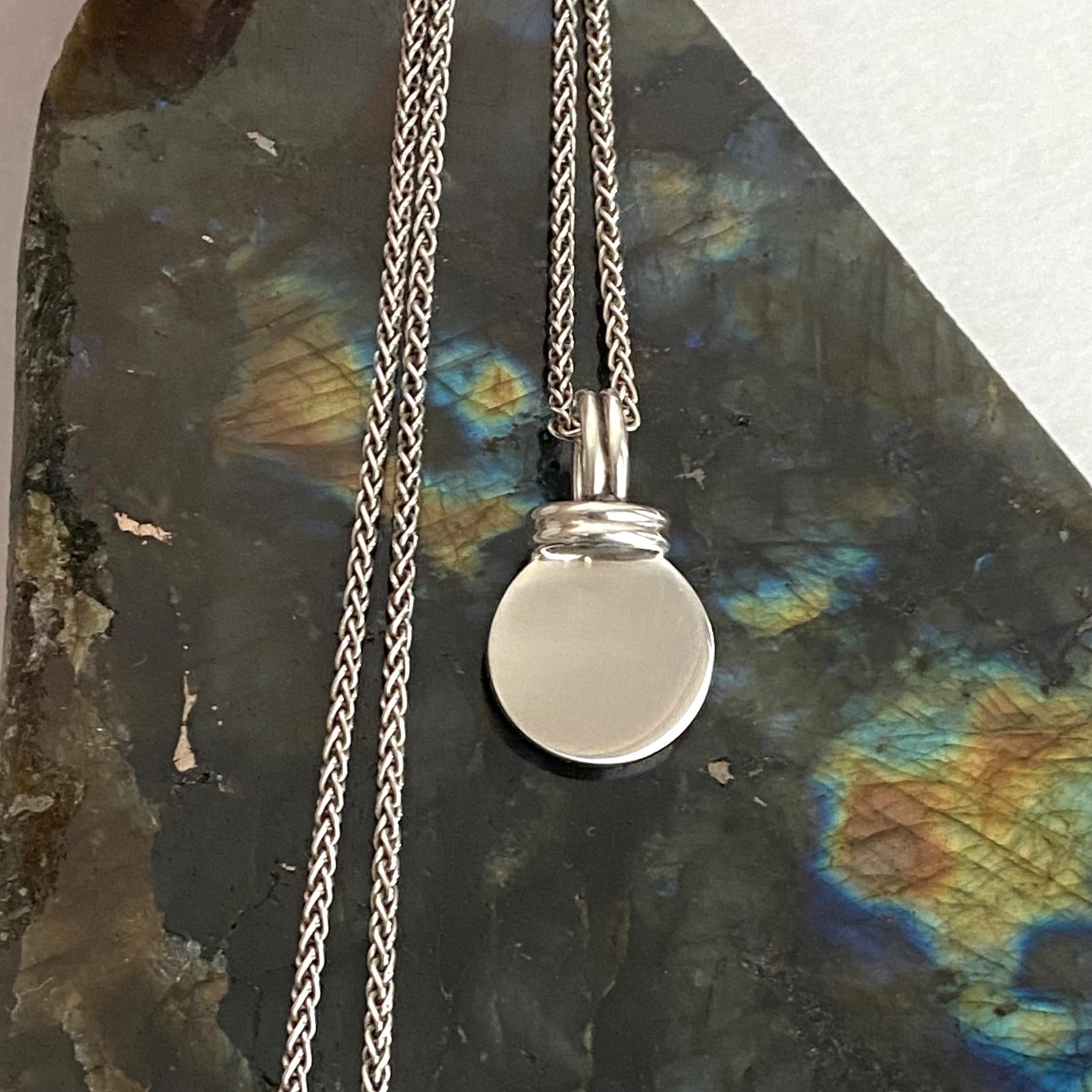 Sterling Silver 925 Blank Engraveable Round Disc Pendant Necklace Foxtail Chain