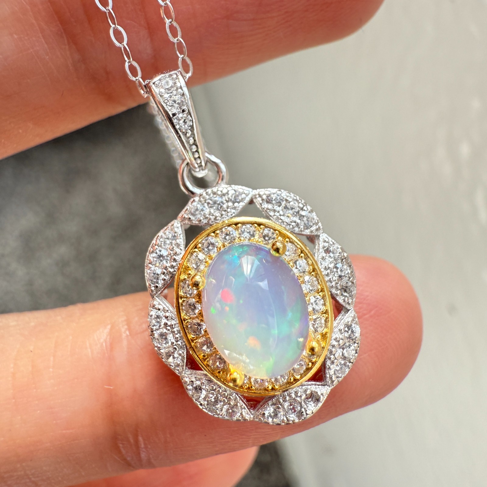 925 Sterling Silver Necklace 8x6mm Natural Opal 14K Gold Plated Flower Chain NEW