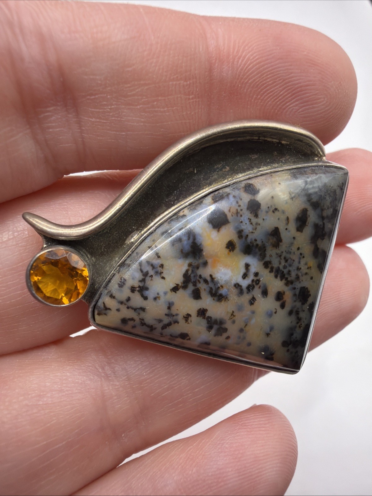 Sterling Silver Montana Agate & Citrine Pendant 15.27 Grams THICK Bezel Artisan