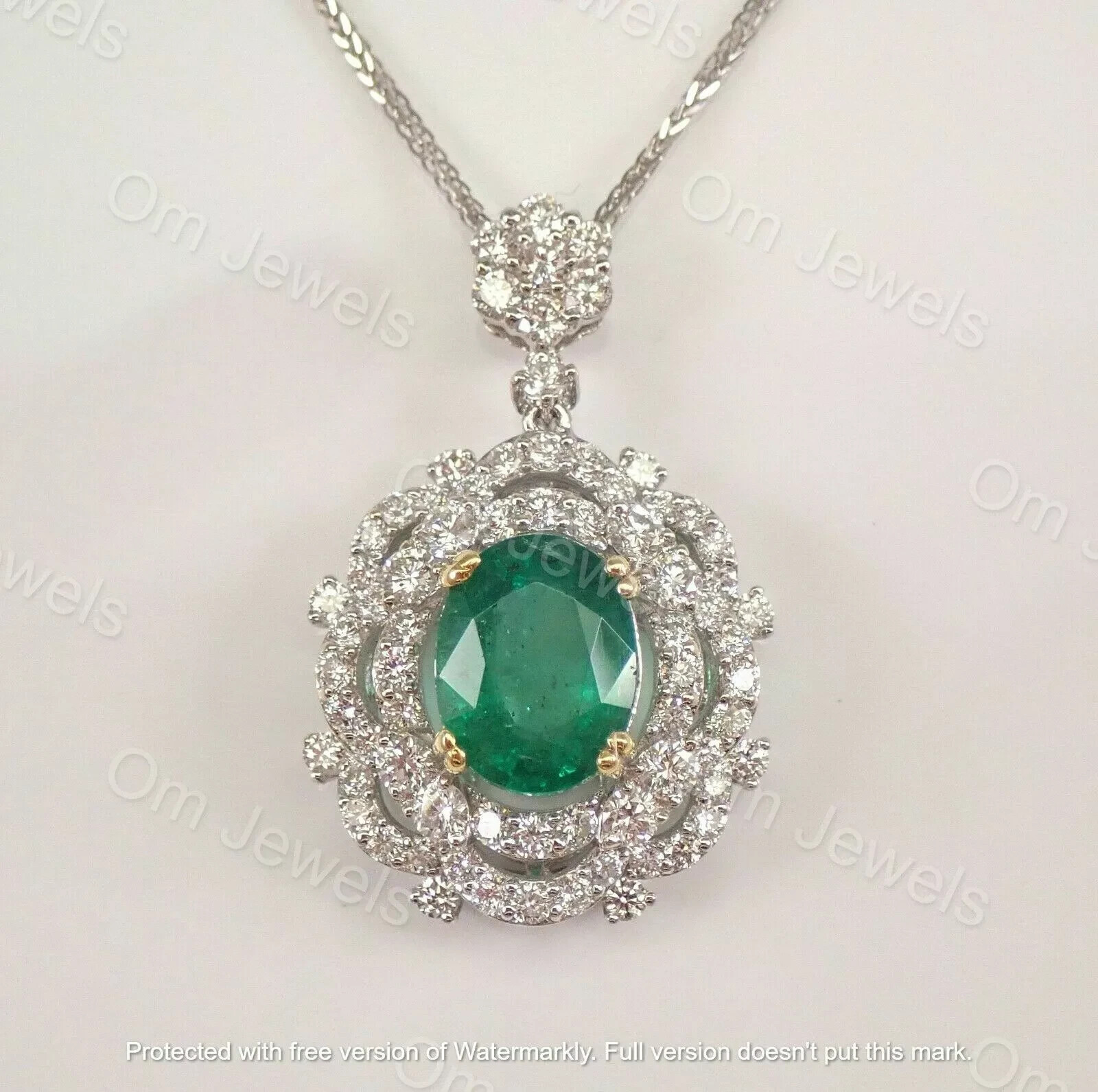4.80Ct Oval Cut Green Emerald Halo Pendant 14K White Gold Finish 18″ Free Chain