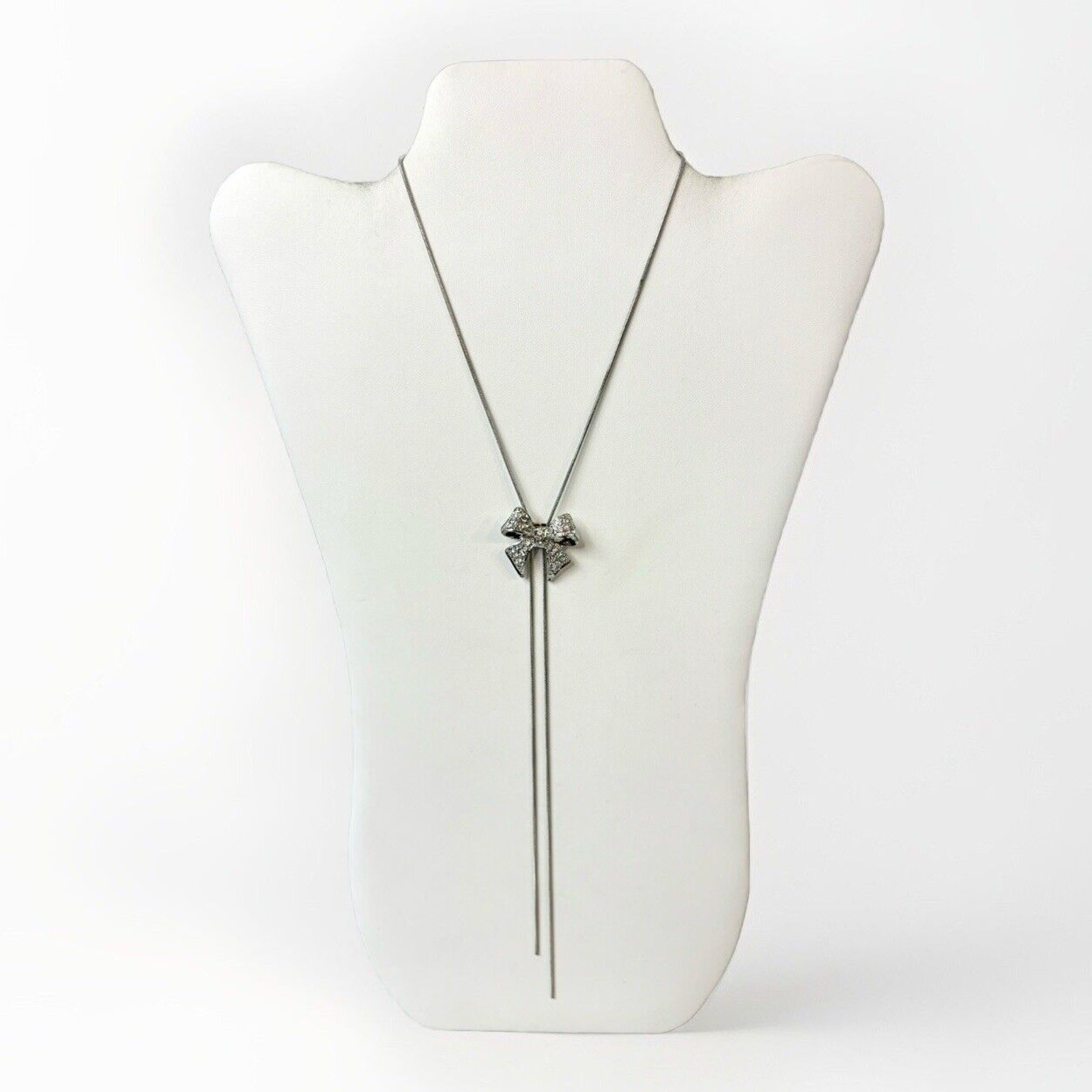 Vintage Silver Tone Bow Rhinestone Bolo Slider Lariat Necklace Western Glam