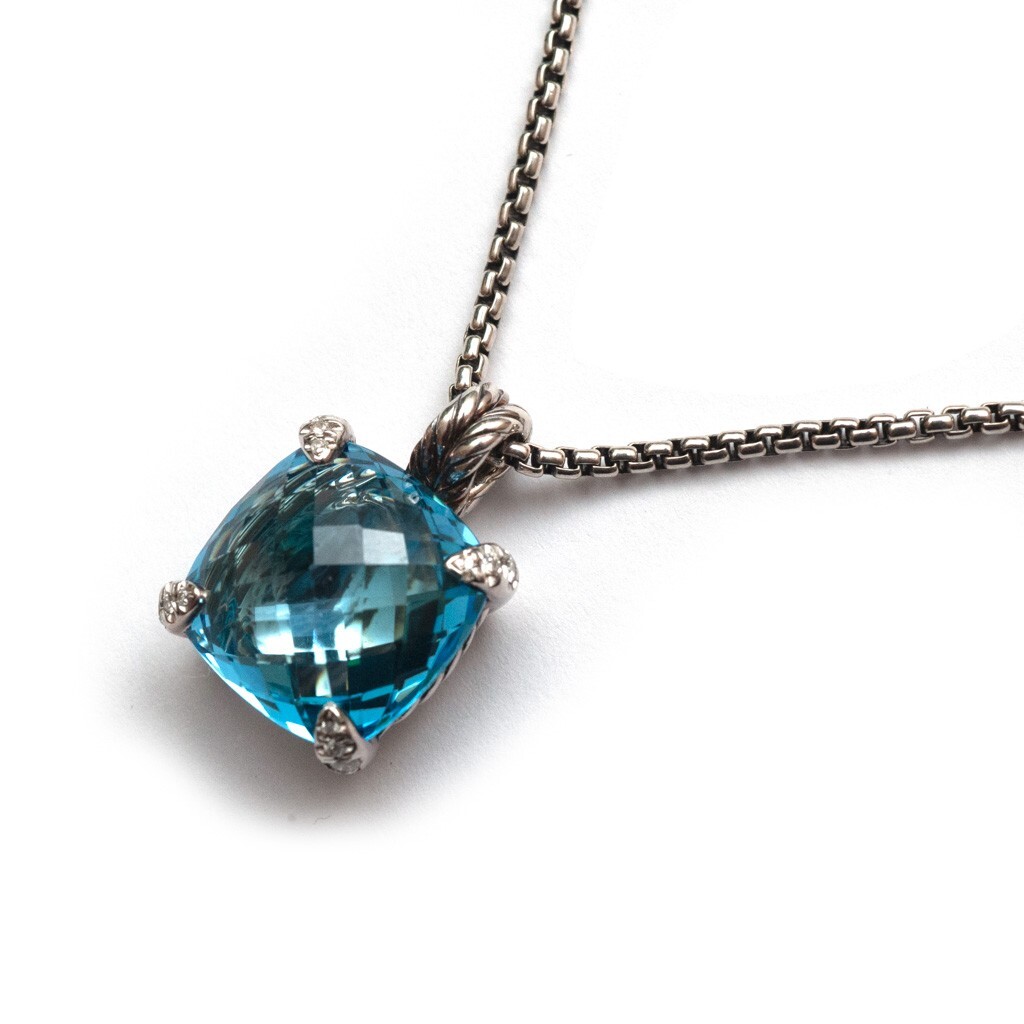 DAVID YURMAN Blue Topaz Silver Diamond 14mm Chatelaine Pendant 18″ Necklace New