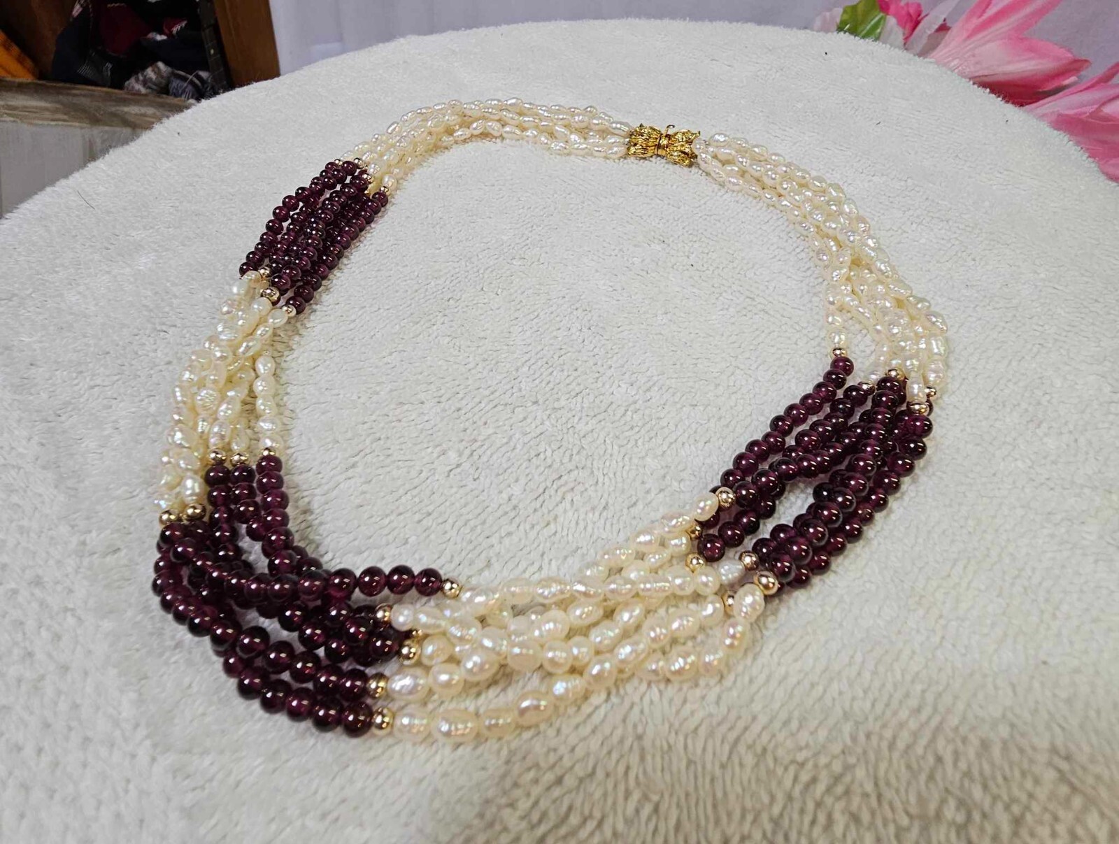LOVELY Natural Fresh Water Pearls w/ amethyst multi strand choker necklace 15in”
