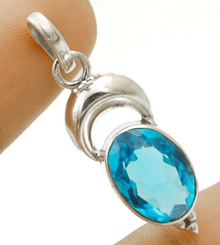 2CT Natural Flawless Blue Topaz 925 Sterling Silver Pendant 1 1/2″ Long @B19-8