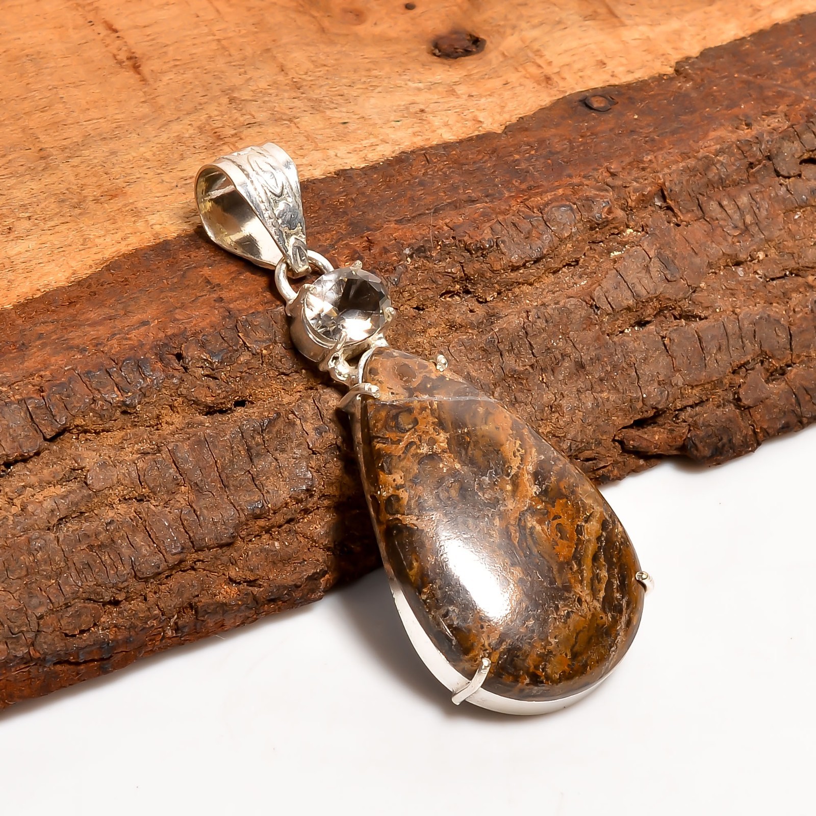 Natural German Mariam Jasper Gemstone Crystal 925 Sterling Silver Pendant 2.4″