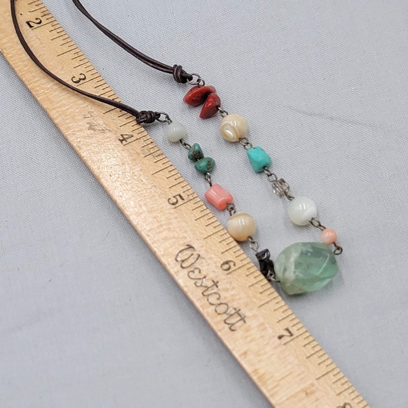 Multiple Gemstone Beads Sterling Silver 925 Necklace Leather Cord 15″
