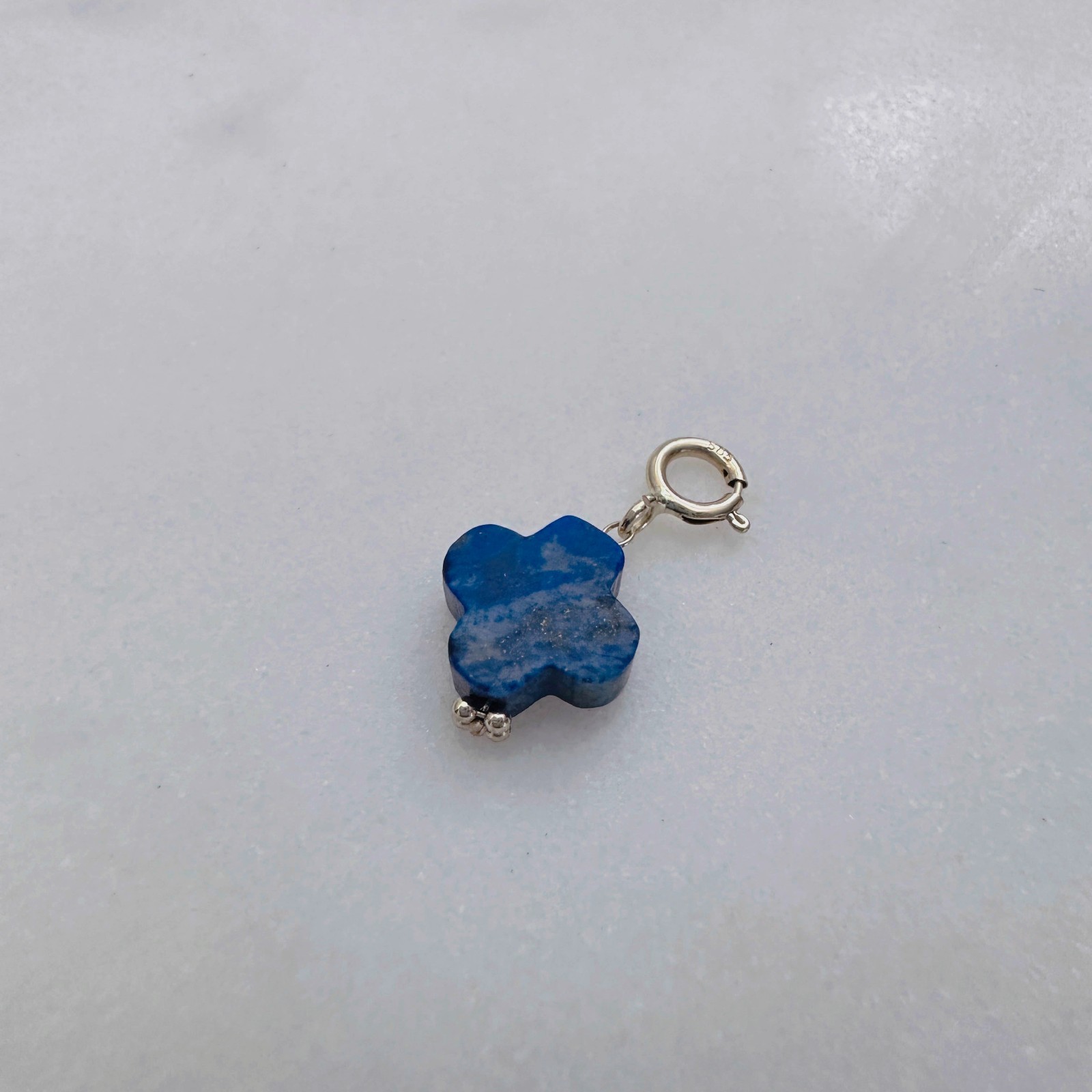 14K Solid Yellow Gold Lapis Lazuli Clover Small Charm Pendant w/Spring Clasp