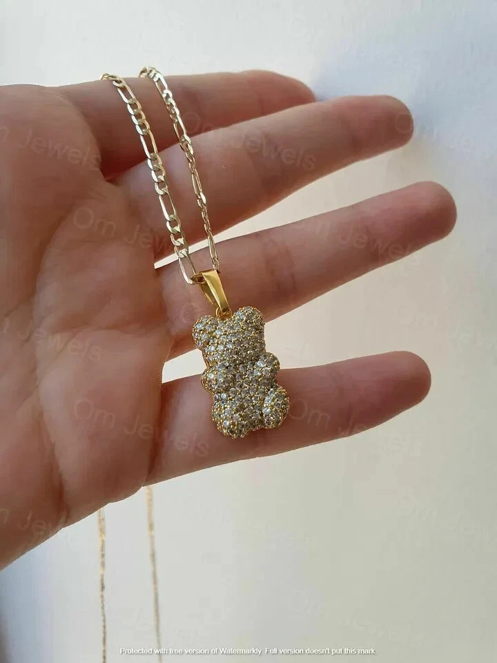 1.45Ct Round Cut VVS1 Diamond Bear Pendant 14K Yellow Gold Finish 18″ Free Chain