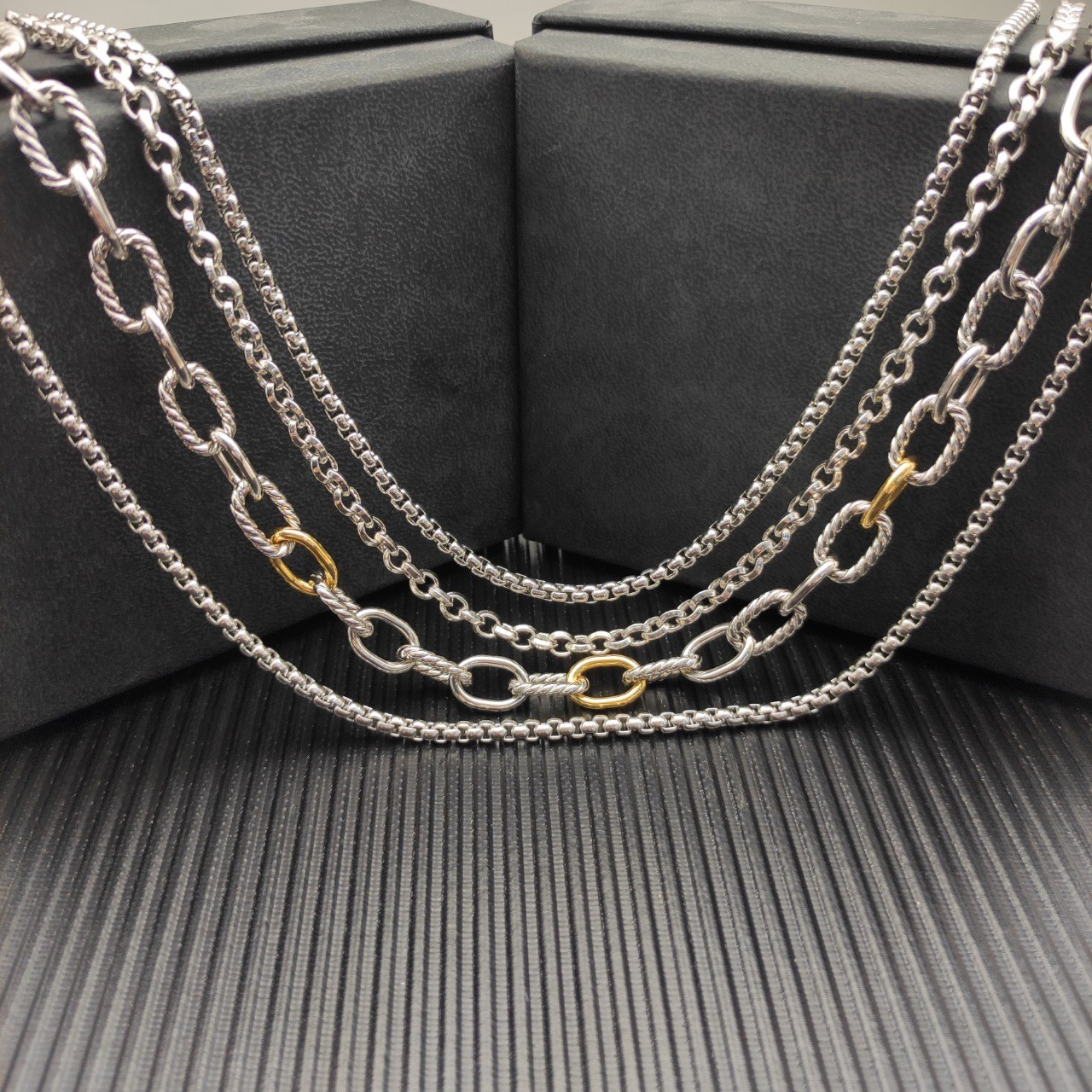 David Yurman Cable Multi-Strand Two-Tone 925 Silver 18K Gold Layered Necklace