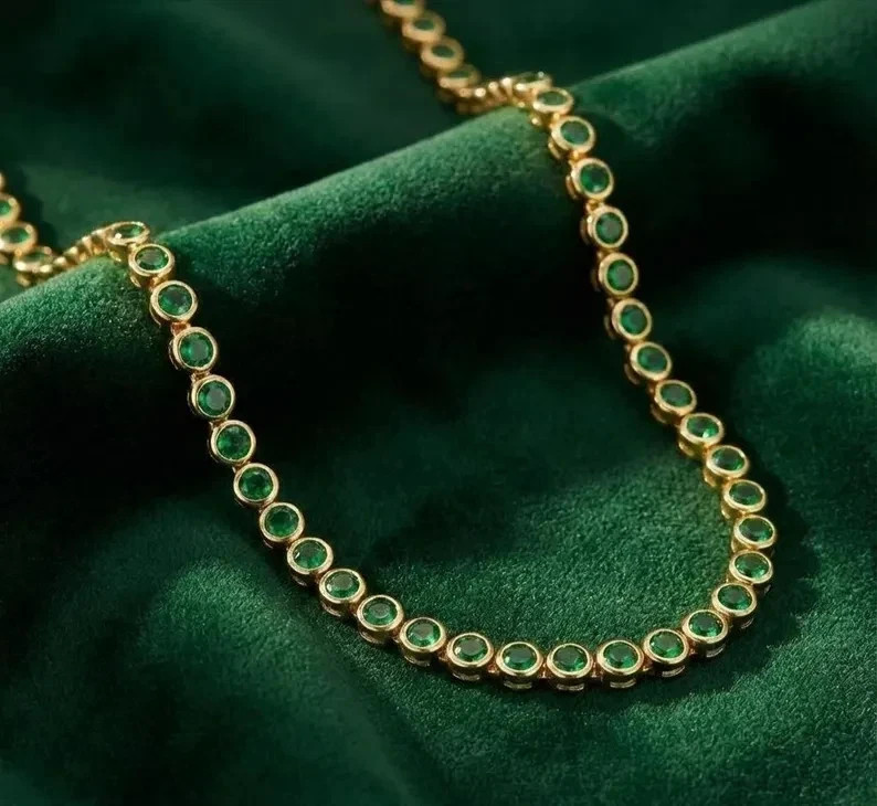 20TCW Round Cut Lab Created Emerald Bezel Tennis Necklace 14k Yellow Gold Plated