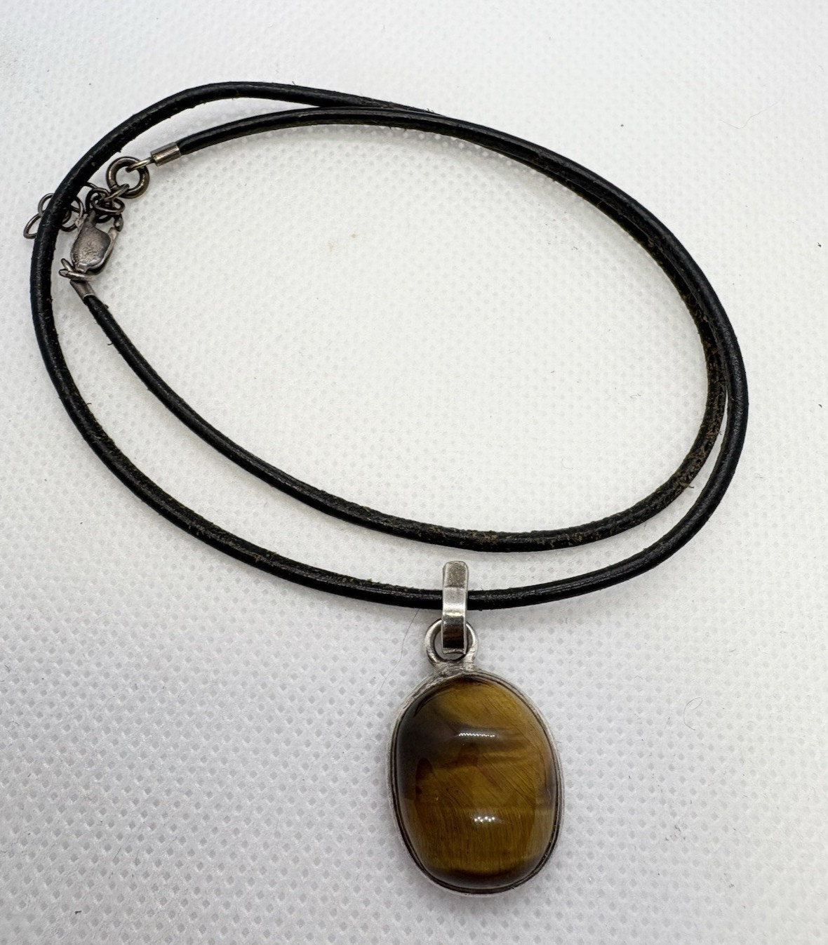 Sterling Silver Tiger’s Eye Pendant Necklace on Leather Cord 16–17” Adjustable