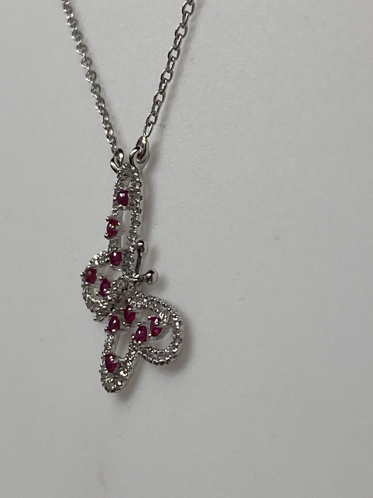 10K White Gold Natural Ruby and 0.20ct Diamond Butterfly Pendant and Chain NEW