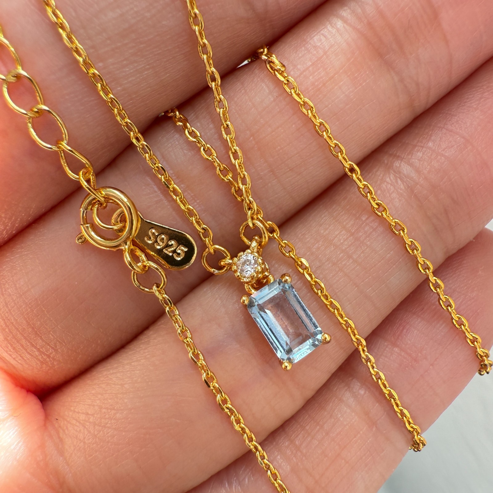 925 Sterling Silver Necklace 6x4mm Natural Blue Aquamarine 14K Gold Plated Chain
