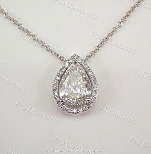 2Ct Lab Created Diamond Pear Teardrop Halo Pendant 14K White Gold Plated Chain